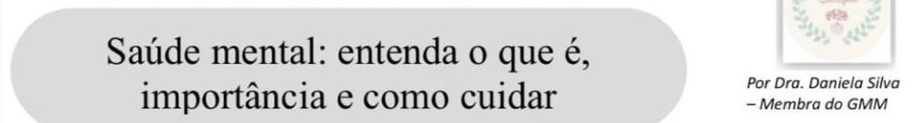 Título do artigo Saúde mental: entenda o que é, importância e como cuidar, assinado por Daniela Silva